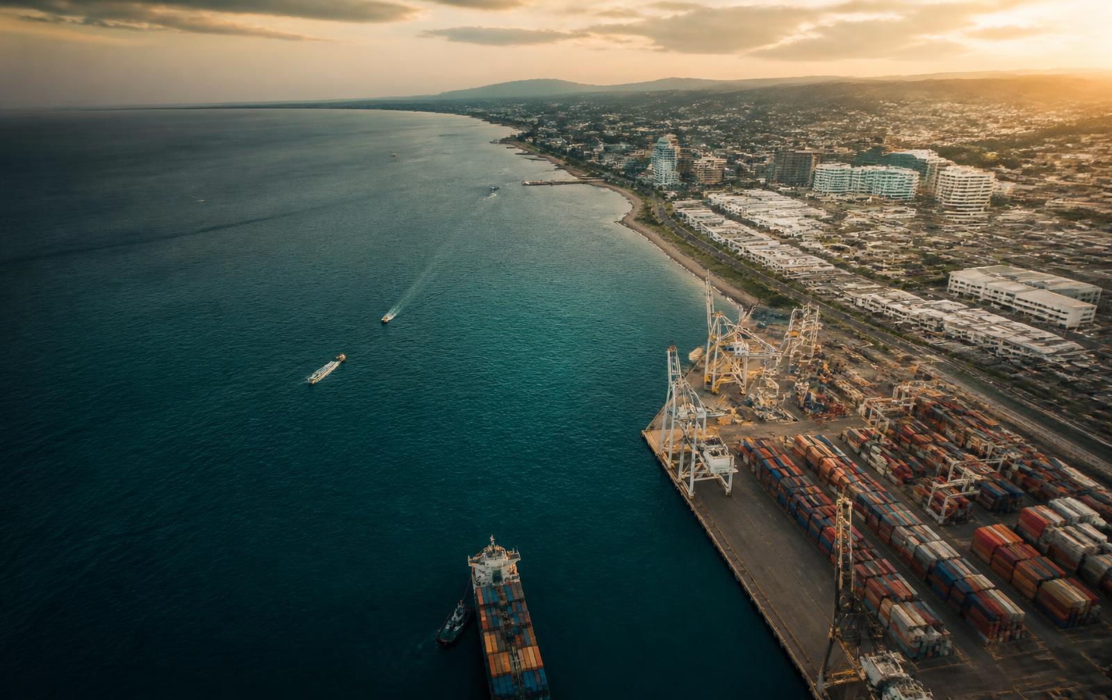 Aerial view of a Caribbean port city at golden hour